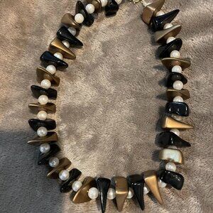 Chunky Bead Statement Necklace with Black and Gold Spike Beads